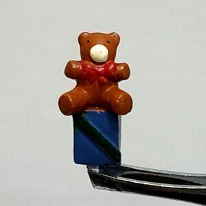 Miniature Brown Teddy Bear On Blue Present Box Decorative Tab Figurine Vintage